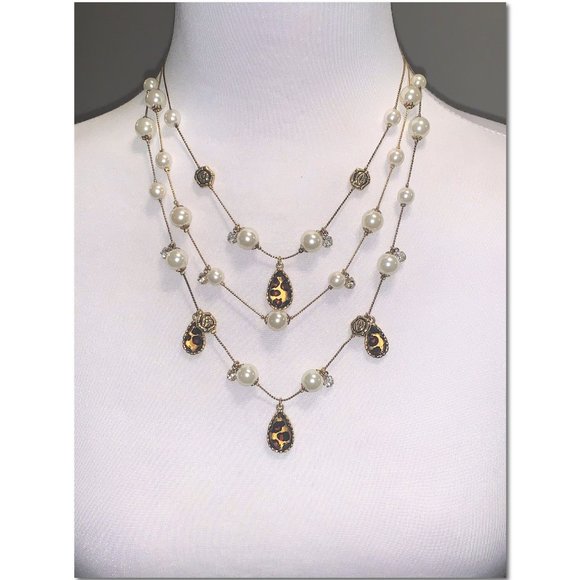 Betsey Johnson Gold Multi Strand Gold Leopard Rose Pearl Statement Neckl…